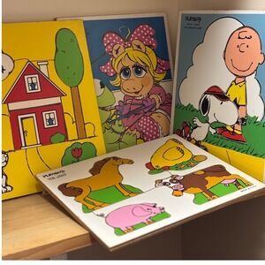 4 Playskool Vintage Wooden Puzzles Farm Animals Peanuts Miss Piggy Kids 3+ Lot